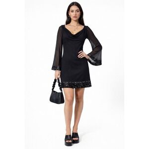 Y2K Ruby Rox Black Sequin Bell Sleeve Party Dress Womens Size Large Clubwear